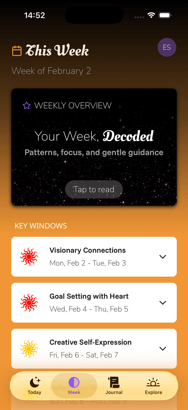 The Astrologist app displaying weekly cosmic overview and astrological forecast